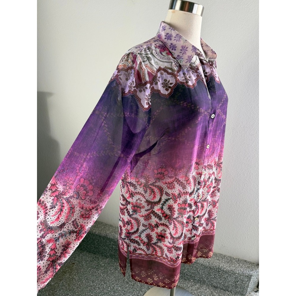 NEW Susan Graver Womens Medium Pink Purple Paisley Button Up Shirt Blouse - Picture 7 of 9